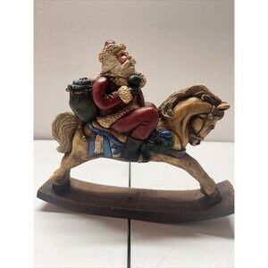 VTG Santa on Rocking Horse Hand Painted  Ceramic Clay  8”tall 9” Long
